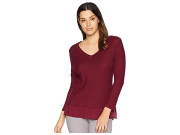 Two By Vince Camuto V-neck Woven Hem Layered Mix Media Top (manor Red) Women's Clothing