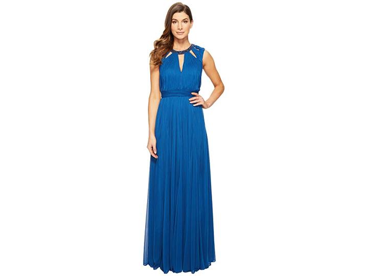 Adrianna Papell Shirred Stretch Tulle Dress With Beaded Necklace Bodice Cut Outs (sapphire) Women's Dress