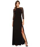Adrianna Papell Side Draped Long Gown With Illusion Long Sleeves (black) Women's Dress