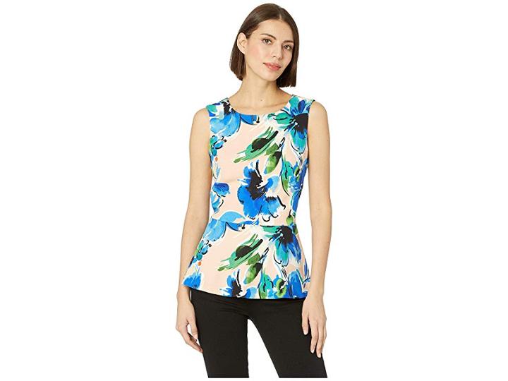 Eci Sleeveless Floral Printed Top With Ruffle Hem (blue) Women's Clothing