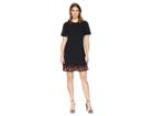Calvin Klein Embroidered Flounce Hem Short Sleeve Dress Cd8c11pt (black Multi) Women's Dress