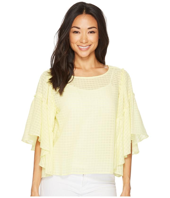 Two By Vince Camuto Textured Grid Drop Shoulder Ruffle Sleeve Blouse (lemon Cream) Women's Blouse