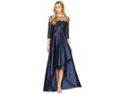 Adrianna Papell Long Sleeve Lace Illusion Bodice With Taffeta High-low Cascade Skirt (midnight) Women's Dress