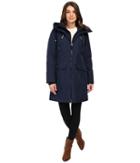 Jessica Simpson Quilted Fill Puffer With Hood And Fleece Bib (navy) Women's Coat