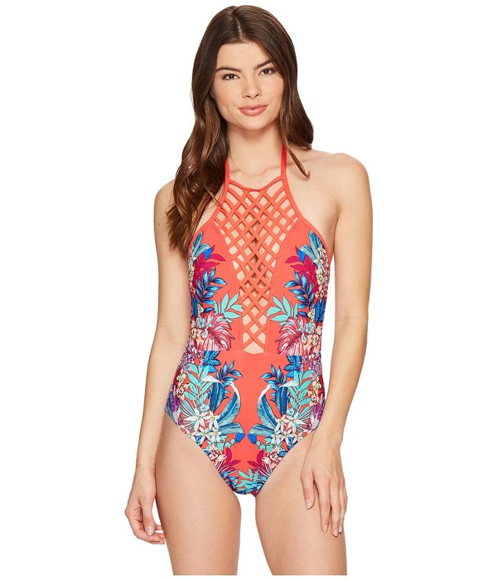 Kenneth Cole Tropical Tendencies Lattice High Neck One-piece (cherry) Women's Swimsuits One Piece