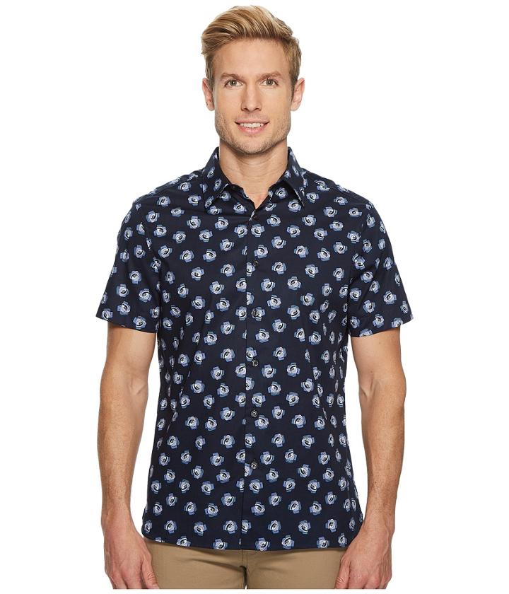 Perry Ellis Short Sleeve Cluttered Rose Shirt (dark Sapphire) Men's Clothing