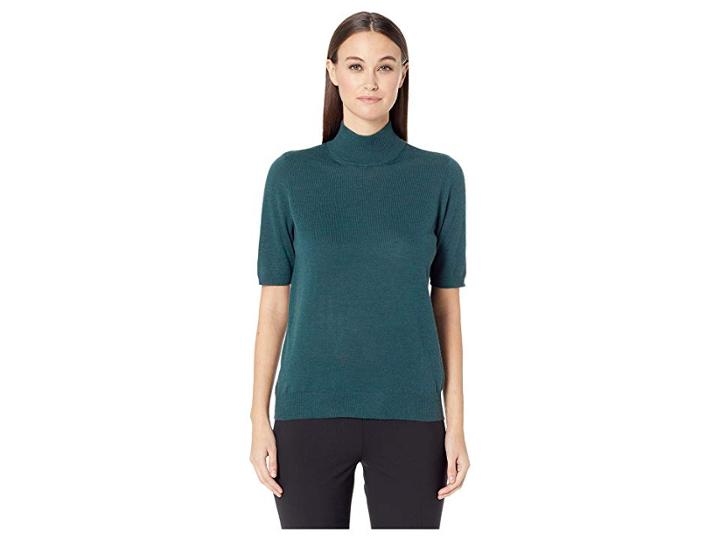 Eileen Fisher Fine Merino Jersey Mock Neck Elbow Sleeve Top (pine) Women's Clothing