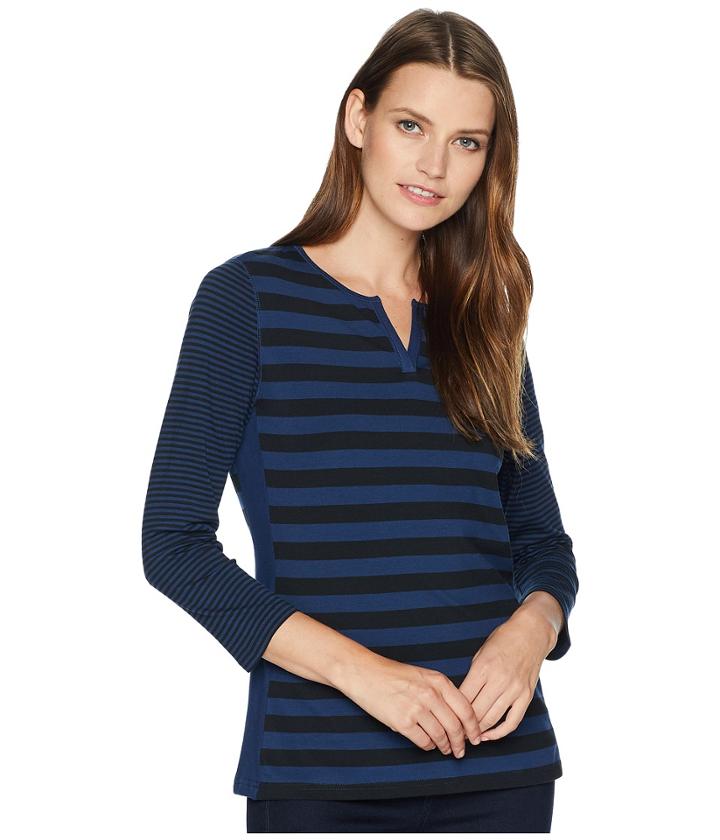 Chaps Lightweight Stripe Cotton Jersey 3/4 Knit (midnight Azure Multi) Women's Clothing