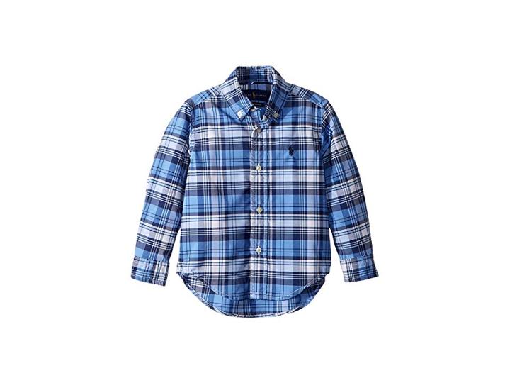Polo Ralph Lauren Kids Plaid Performance Poplin Shirt (toddler) (blue/white Multi) Boy's Long Sleeve Button Up