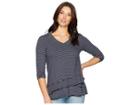 Mod-o-doc Heathered Jersey Stripe 3/4 Sleeve Asymmetrical Flounce Hem Tee (navy) Women's T Shirt