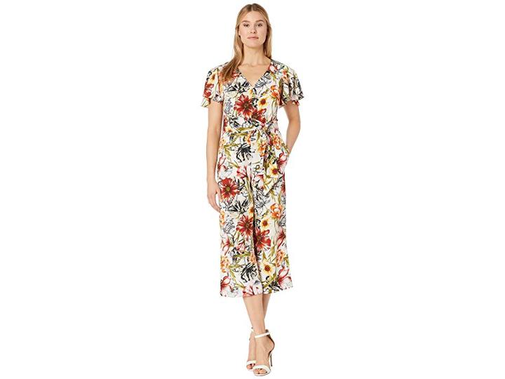 Nine West V-neck Cropped Jumpsuit With Flutter Sleeve And Self Tie (ivory/saffron Multi) Women's Jumpsuit & Rompers One Piece