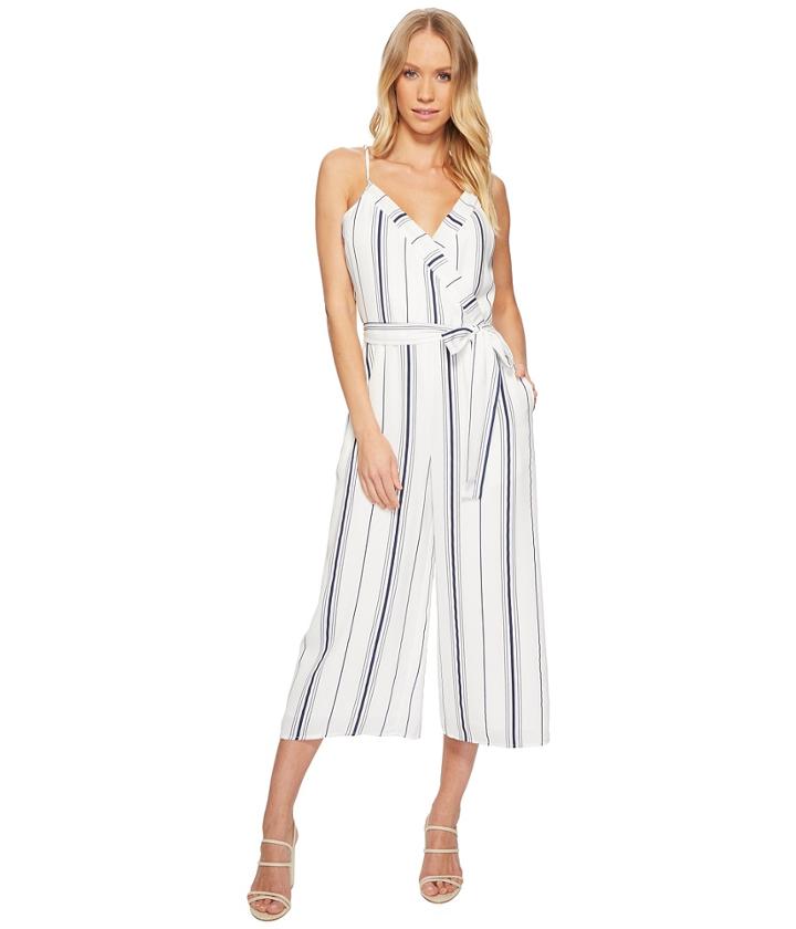 J.o.a. Double V-neck Cropped Jumpsuit (white/navy) Women's Jumpsuit & Rompers One Piece