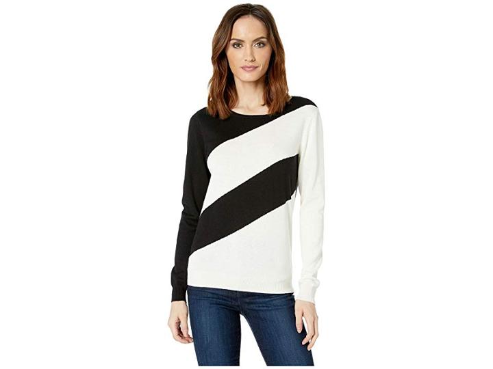 Vince Camuto Long Sleeve Ribbed Cuff Asymmetrical Stripe Sweater (rich Black) Women's Sweater