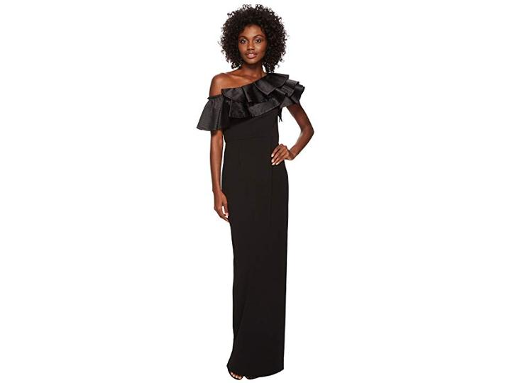 Adrianna Papell Dramatic One Shoulder Long Crepe Gown (black) Women's Dress