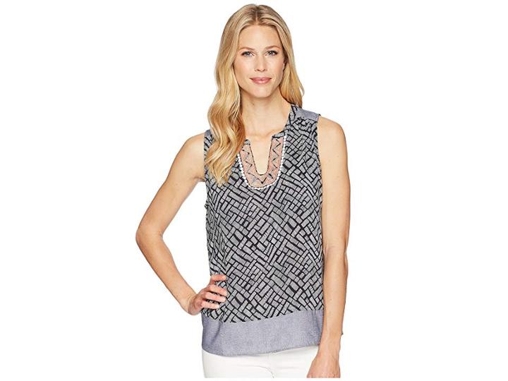 Tribal Printed Sleeveless Blouse With Embroidered Placket (ink) Women's Blouse