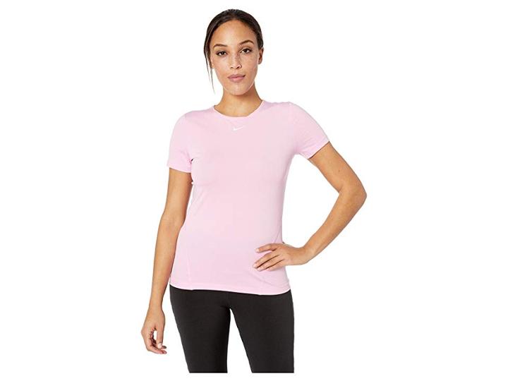 Nike Pro All Over Mesh Short Sleeve Top (pink Rise/white) Women's Clothing