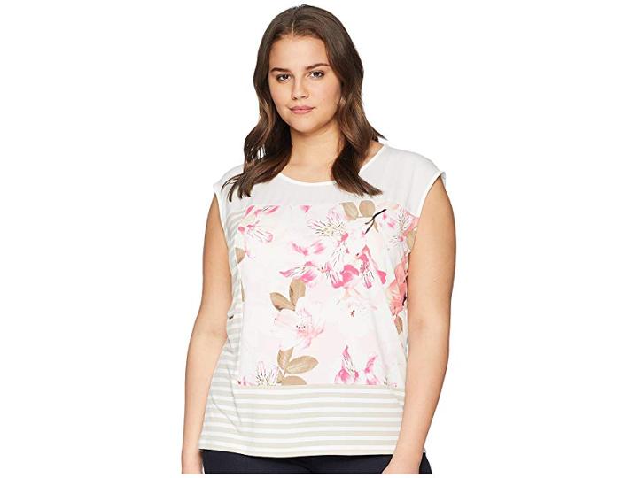 Calvin Klein Plus Plus Size Sleeveless Stripe Print Top (white/latte) Women's Sleeveless