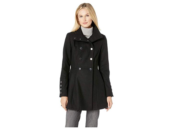 Calvin Klein Double Breasted Military Style Wool Cotton With Large Gold Button Detail (black) Women's Coat