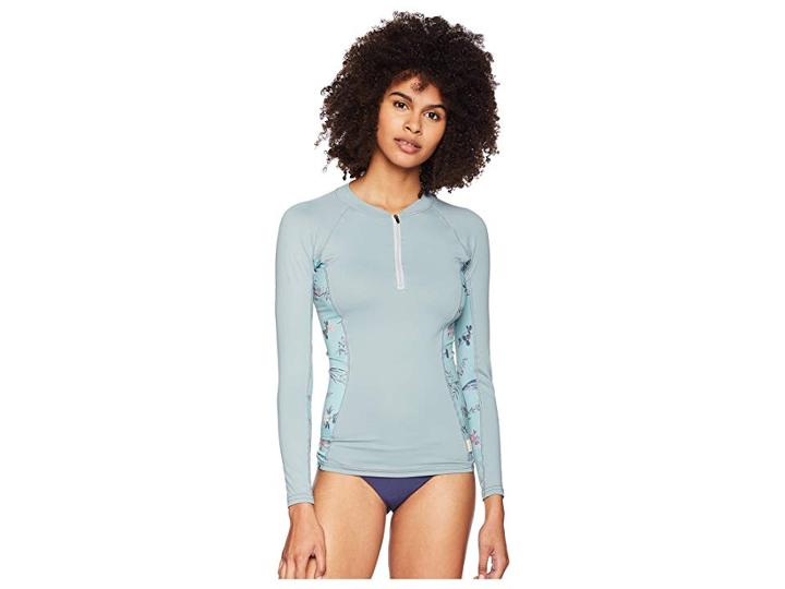 O'neill Long Sleeve Rashguard Front Zipper (aqua Haze/piper Floral/pepper) Women's Swimwear