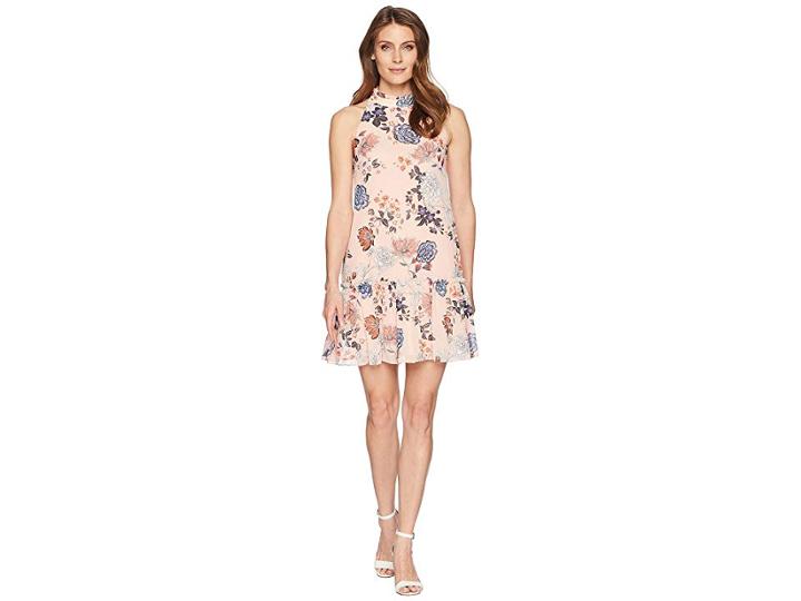Vince Camuto Printed Chiffon Ruffle Neck Float (blush) Women's Dress