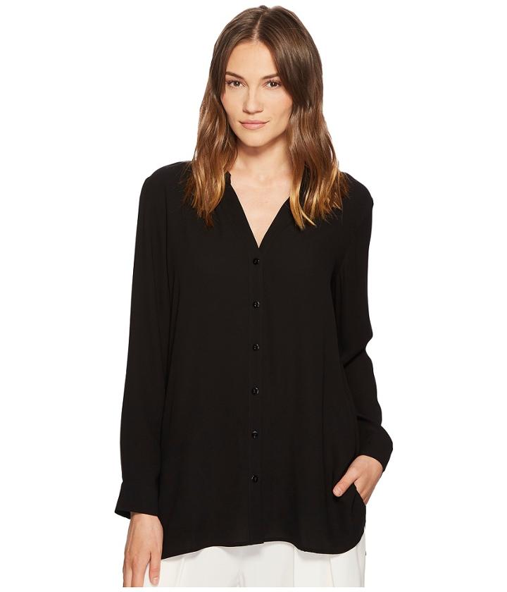 Eileen Fisher Silk Georgette Crepe Stand Collar Top (black) Women's Long Sleeve Button Up