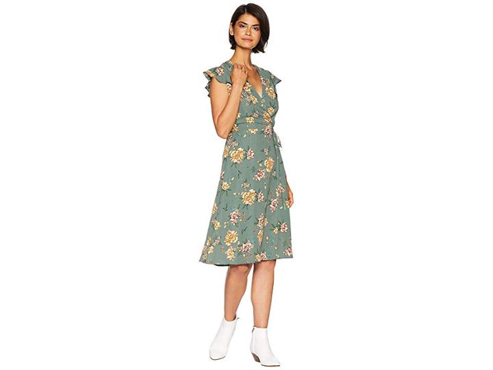 J.o.a. Ruffle Sleeve Wrap Dress (green Floral) Women's Dress