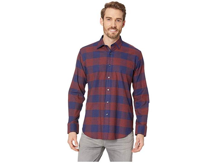 Bugatchi Long Sleeve Shaped Fit Woven Shirt (wine) Men's Clothing
