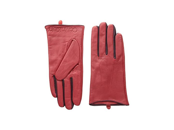 Calvin Klein Leather Gloves W/ Color Pop Debossed Logo (red) Extreme Cold Weather Gloves