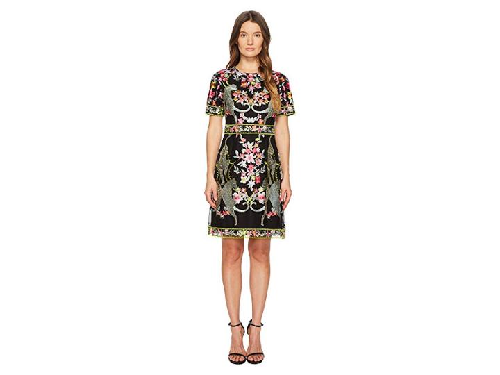 Marchesa Notte Short Sleeve Thread Embroidered Cocktail (black) Women's Dress