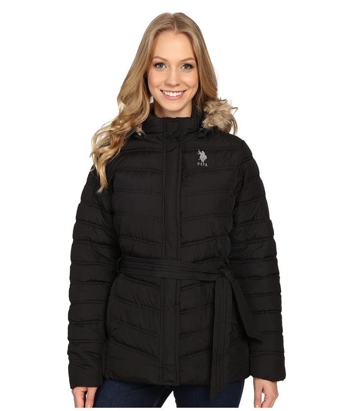 U.s. Polo Assn. Belted Puffer Jacket With Faux Fur Hood Trim (black) Women's Coat