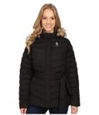 U.s. Polo Assn. Belted Puffer Jacket With Faux Fur Hood Trim (black) Women's Coat