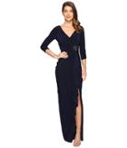 Adrianna Papell Long Sleeve Side Draped Jersey Gown W/embellishment (midnight) Women's Dress