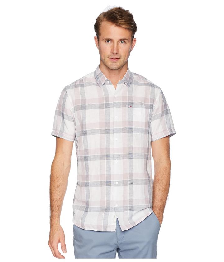 Tommy Jeans Check Linen Short Sleeve Button Down Shirt (violet Ice) Men's Short Sleeve Button Up