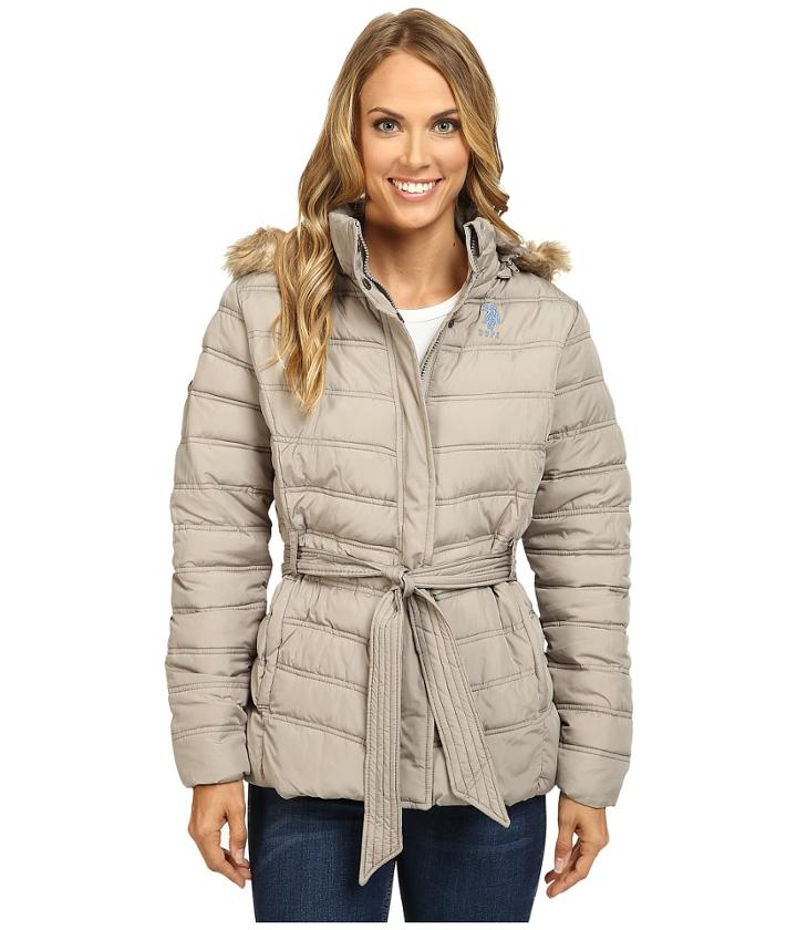U.s. Polo Assn. Belted Puffer Jacket With Faux Fur Hood Trim (moonrock) Women's Coat