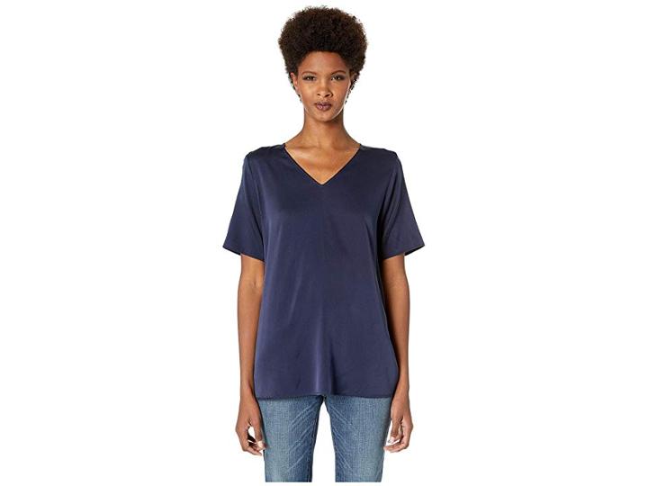 Eileen Fisher V-neck Short Sleeve Box-top (midnight) Women's Clothing
