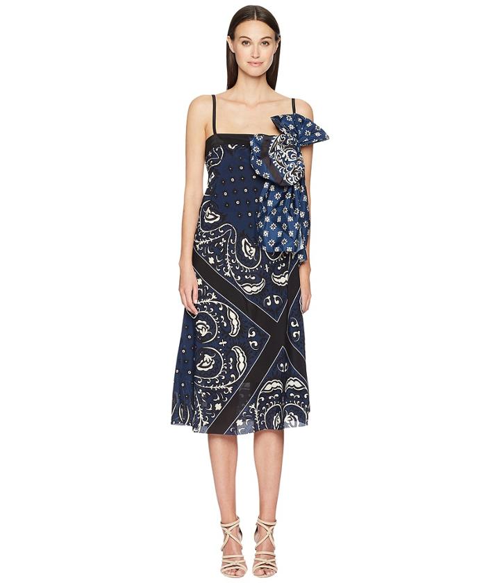 Red Valentino Medium Bandhana Print Silk Crepe De Chine Dress With Taffeta Bandhana Print Bow (cobalto) Women's Dress