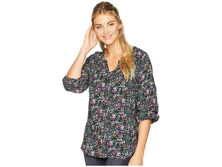 Mod-o-doc Printed Rayon Challis Notch Collar Balloon Sleeve Top (black Ditsy Floral) Women's Clothing