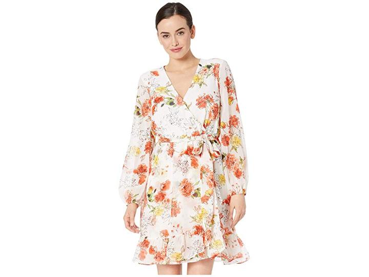Nine West Long Sleeve Faux Wrap Dress W/ Ruffle Hem (ivory/papaya Multi) Women's Dress