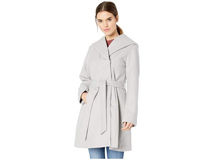Jessica Simpson Belted Wool Coat W/ Oversized Hood (silver Grey) Women's Coat