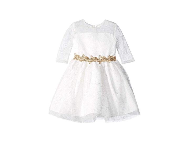 Us Angels 3/4 Sleeve Glitter Mesh Dress With Embroidered Lace Trim (little Kids) (ivory/gold) Girl's Dress