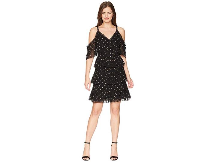 Ml Monique Lhuillier Cold Shoulder Floral Printed Dress (black Combo) Women's Dress