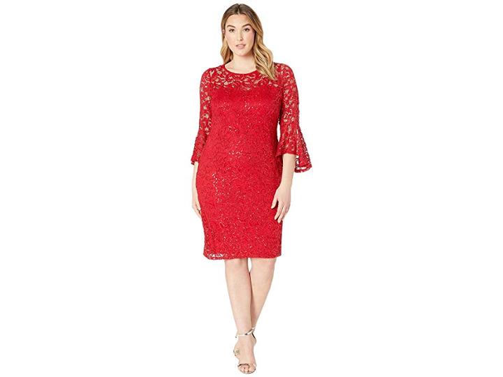 Marina Plus Size Stretch Sequin Lace Bell Sleeve Dress (red) Women's Dress