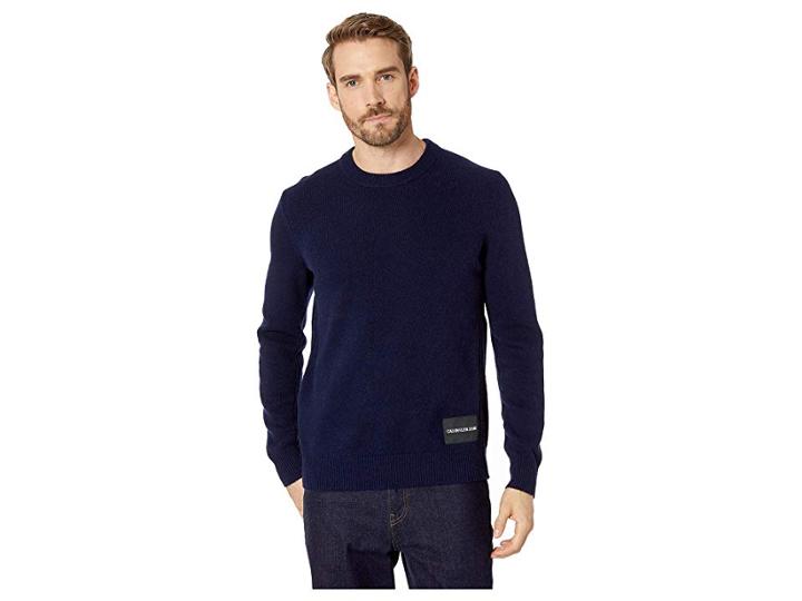 Calvin Klein Jeans Lambswool Pullover With Logo Patch (peacoat) Men's Sweater