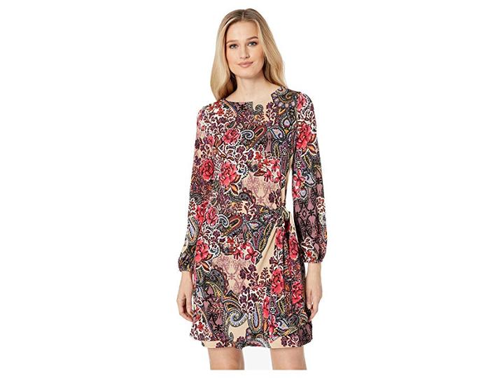 Eci Paisley Floral Balloon Sleeve Faux Wrap Dress (red/beige) Women's Dress
