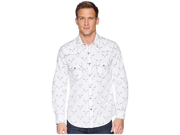 Rock And Roll Cowboy Long Sleeve Snap Print B2s6041 (white) Men's Clothing