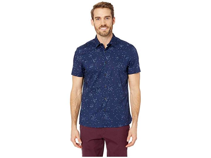 Perry Ellis Slim Fit Stretch Dot Print Shirt (regal Blue) Men's Clothing