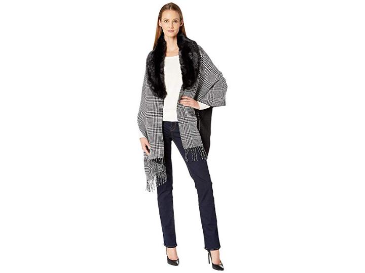 Lauren Ralph Lauren Holiday Fur Collar Ruana (black/ivory Glenplaid) Women's Clothing