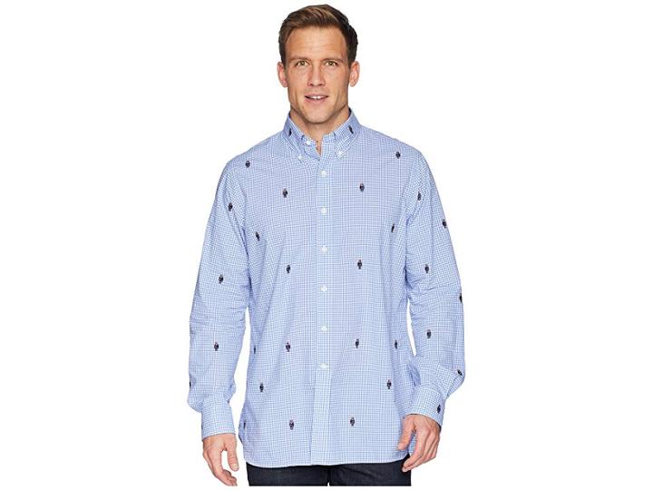 Polo Ralph Lauren Embroidered Bear Gingham Poplin Sport Shirt (blue/white) Men's Clothing
