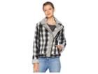 Two By Vince Camuto Brushed Plaid Sherpa Trim Moto Jacket (rich Black) Women's Coat