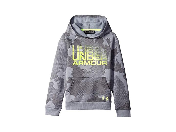 Under Armour Kids Rival Wordmark Hoodie (big Kids) (steel Fade Heather/high-vis Yellow) Boy's Sweatshirt